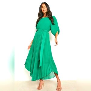 Pleated Puff Sleeve Midi Dress